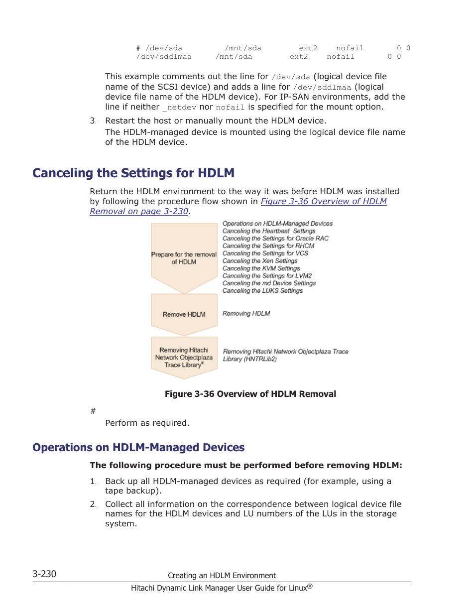 Canceling the settings for hdlm, Operations on hdlm-managed devices, Canceling the settings for hdlm -230 | Operations on hdlm-managed devices -230 | HP Hitachi Dynamic Link Manager Software User Manual | Page 302 / 712