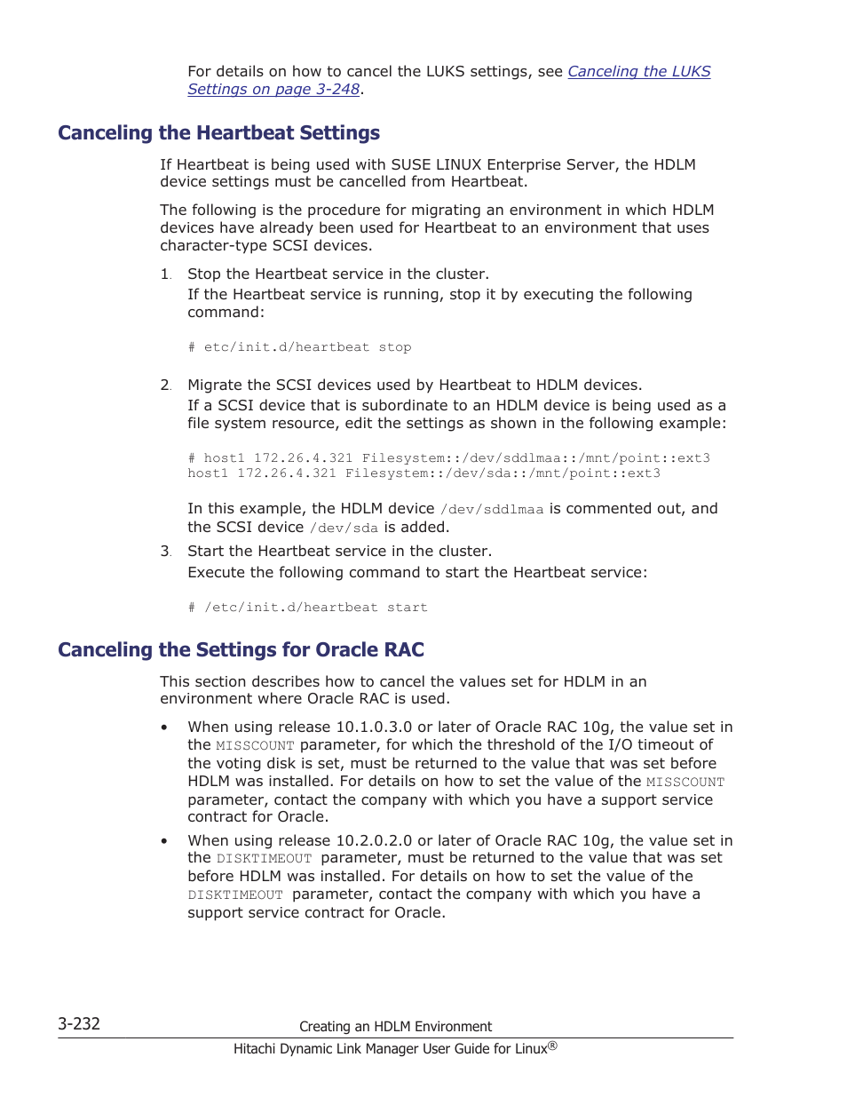 Canceling the heartbeat settings, Canceling the settings for oracle rac, Canceling the heartbeat settings -232 | Canceling the settings for oracle rac -232, Canceling the, For details on how to cancel the oracle | HP Hitachi Dynamic Link Manager Software User Manual | Page 304 / 712