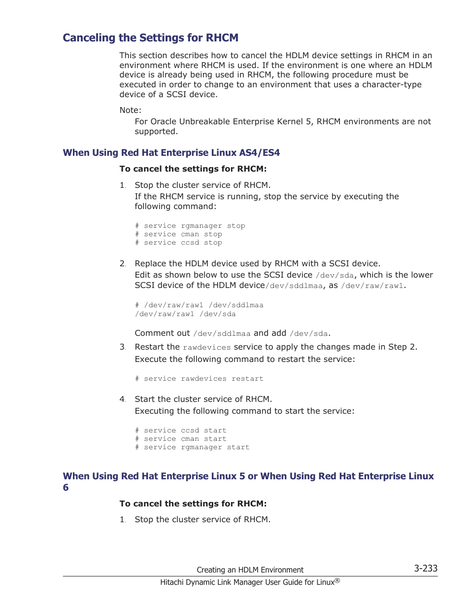 Canceling the settings for rhcm, Canceling the settings for rhcm -233, When using red hat enterprise linux as4/es4 -233 | Linux 6 -233, Canceling the, For details on how to cancel the vcs | HP Hitachi Dynamic Link Manager Software User Manual | Page 305 / 712