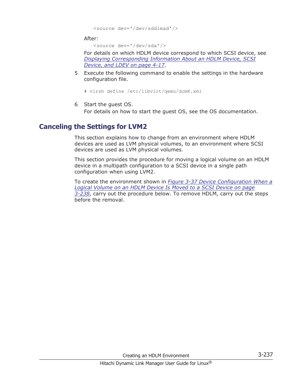 Canceling the settings for lvm2, Canceling the settings for lvm2 -237, For details on how to cancel the lvm settings, see | Canceling the settings | HP Hitachi Dynamic Link Manager Software User Manual | Page 309 / 712