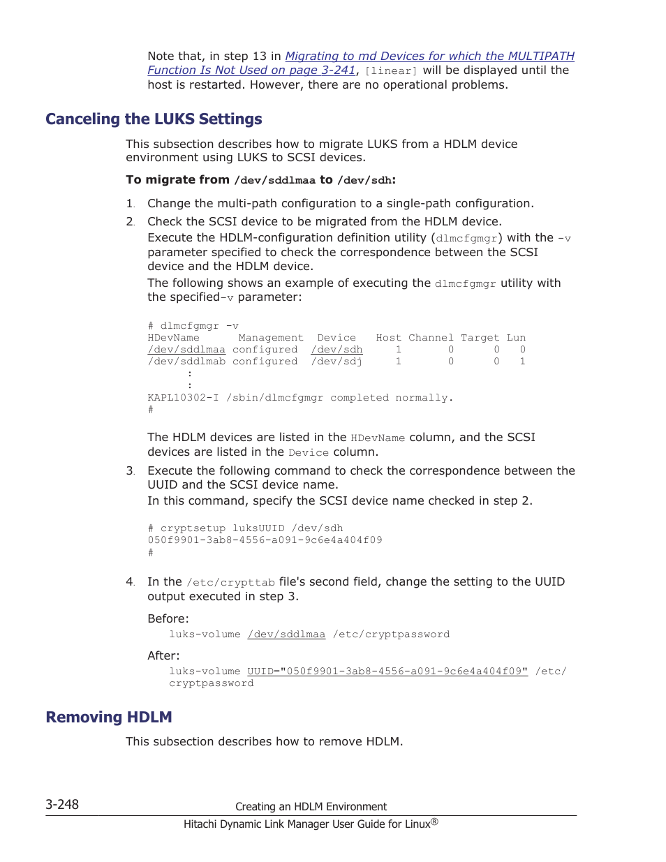 Canceling the luks settings, Removing hdlm, Canceling the luks settings -248 | Removing hdlm -248 | HP Hitachi Dynamic Link Manager Software User Manual | Page 320 / 712