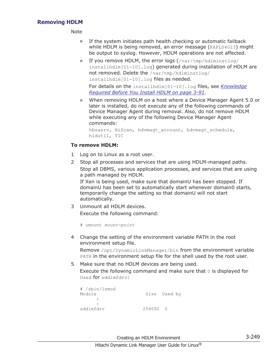 Removing hdlm -249 | HP Hitachi Dynamic Link Manager Software User Manual | Page 321 / 712