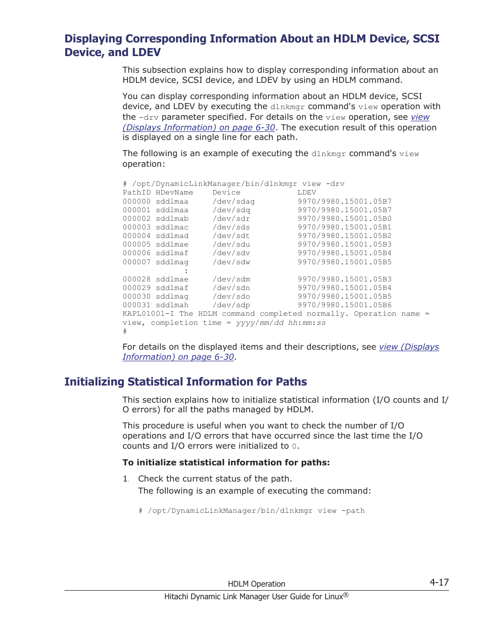 Initializing statistical information for paths, Ldev -17, Initializing statistical information for paths -17 | HP Hitachi Dynamic Link Manager Software User Manual | Page 349 / 712