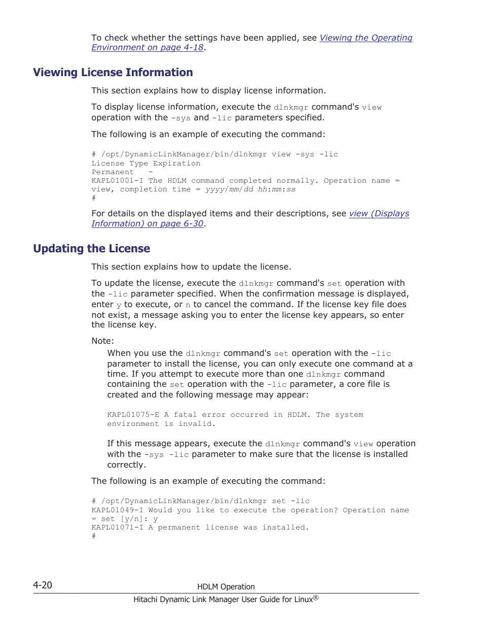 Viewing license information, Updating the license, Viewing license information -20 | Updating the license -20 | HP Hitachi Dynamic Link Manager Software User Manual | Page 352 / 712