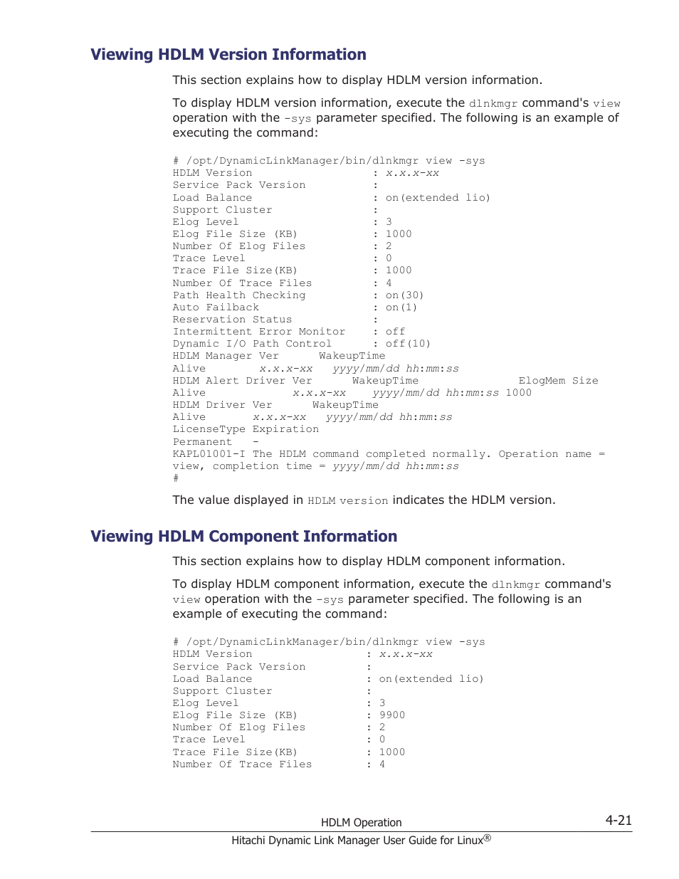 Viewing hdlm version information, Viewing hdlm component information, Viewing hdlm version information -21 | Viewing hdlm component information -21 | HP Hitachi Dynamic Link Manager Software User Manual | Page 353 / 712