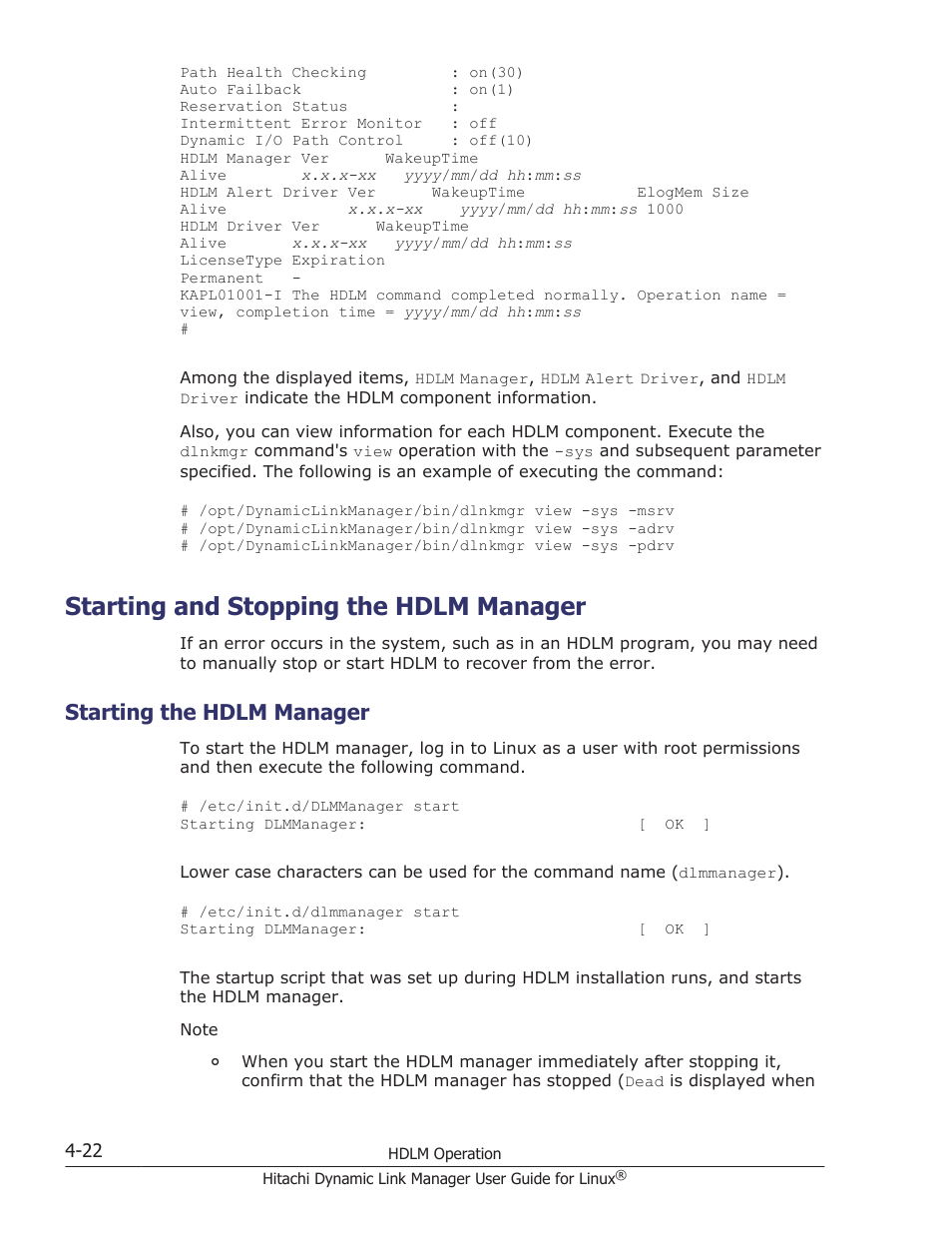 Starting and stopping the hdlm manager, Starting the hdlm manager, Starting and stopping the hdlm manager -22 | Starting the hdlm manager -22 | HP Hitachi Dynamic Link Manager Software User Manual | Page 354 / 712