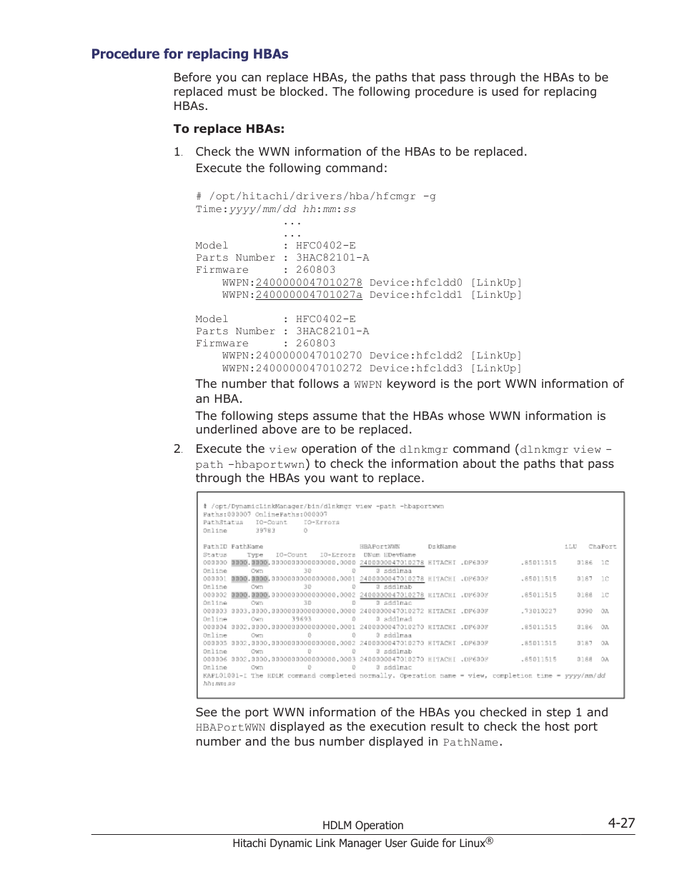 Procedure for replacing hbas -27 | HP Hitachi Dynamic Link Manager Software User Manual | Page 359 / 712