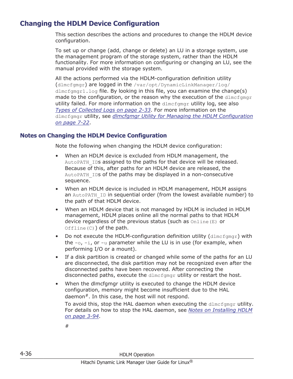 Changing the hdlm device configuration, Changing the hdlm device configuration -36, Changing the hdlm device | Changing the hdlm | HP Hitachi Dynamic Link Manager Software User Manual | Page 368 / 712