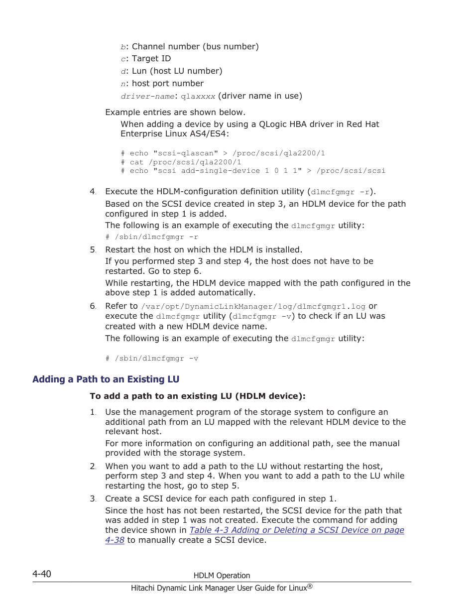 Adding a path to an existing lu -40, Adding | HP Hitachi Dynamic Link Manager Software User Manual | Page 372 / 712