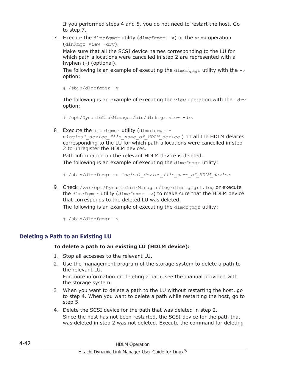 Deleting a path to an existing lu -42, Deleting a path to an existing lu | HP Hitachi Dynamic Link Manager Software User Manual | Page 374 / 712