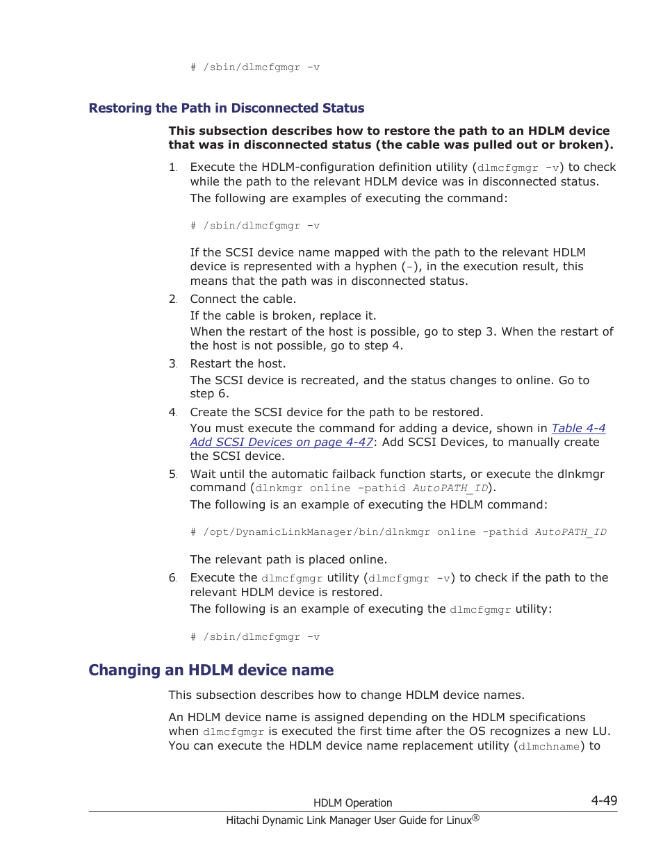 Changing an hdlm device name, Restoring the path in disconnected status -49, Changing an hdlm device name -49 | HP Hitachi Dynamic Link Manager Software User Manual | Page 381 / 712