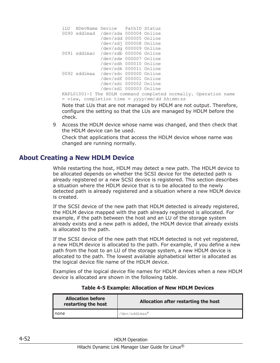 About creating a new hdlm device, About creating a new hdlm device -52 | HP Hitachi Dynamic Link Manager Software User Manual | Page 384 / 712