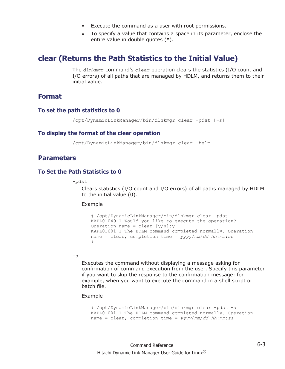 Format, Parameters, Format -3 | To set the path statistics to 0 -3, To display the format of the clear operation -3, Parameters -3, Managed by the hdlm system. for details, see, Clear (returns the path | HP Hitachi Dynamic Link Manager Software User Manual | Page 397 / 712