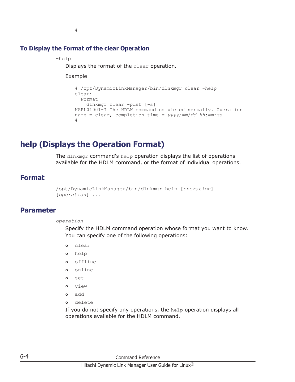 Help (displays the operation format), Format, Parameter | To display the format of the clear operation -4, Help (displays the operation format) -4, Format -4, Parameter -4 | HP Hitachi Dynamic Link Manager Software User Manual | Page 398 / 712