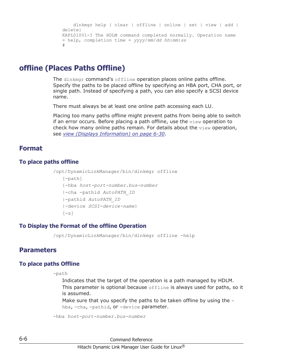 Offline (places paths offline), Format, Parameters | Offline (places paths offline) -6, Format -6, To place paths offline -6, To display the format of the offline operation -6, Parameters -6, Operation, see, Offline (places paths offline) on | HP Hitachi Dynamic Link Manager Software User Manual | Page 400 / 712