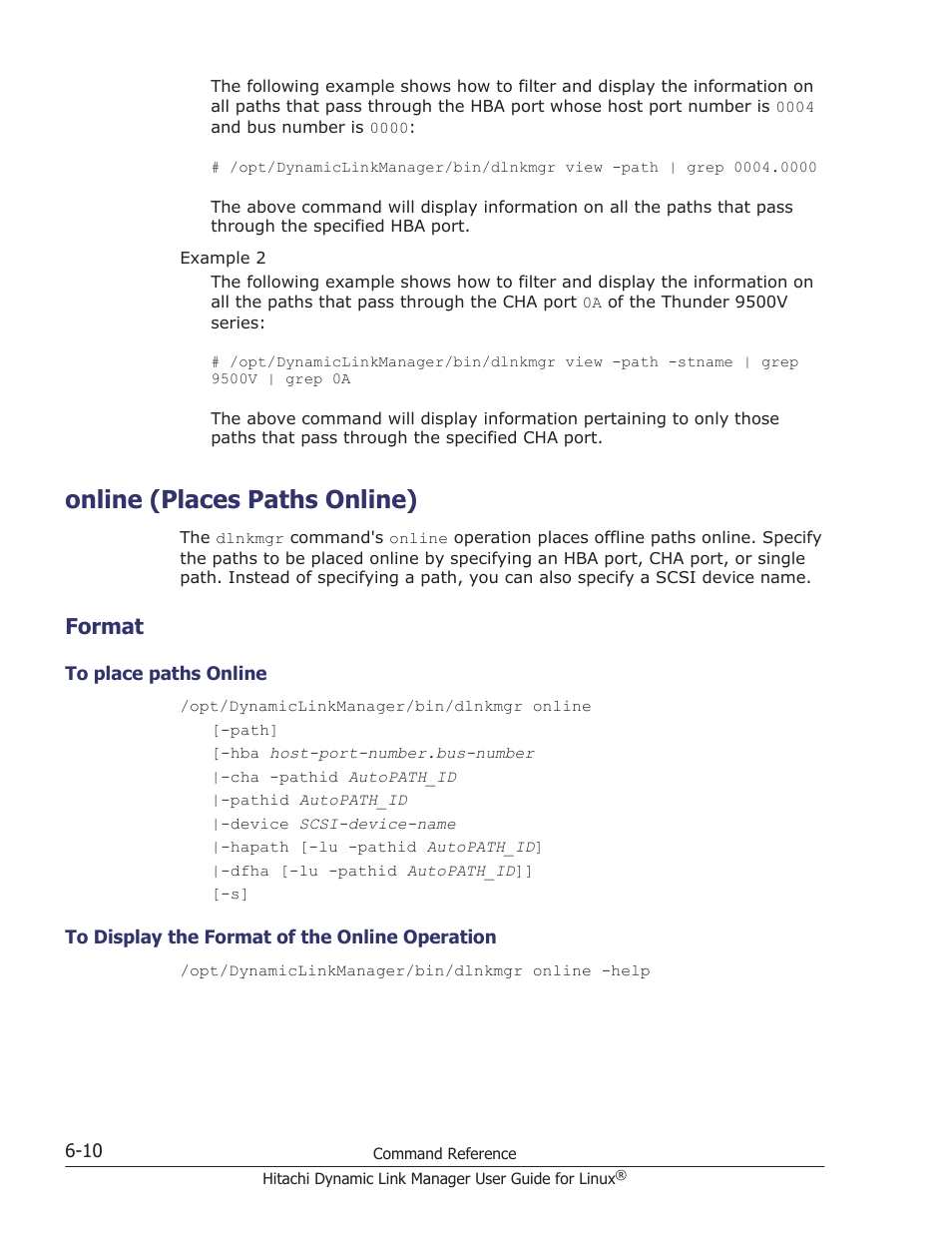 Online (places paths online), Format, Online (places paths online) -10 | Format -10, To place paths online -10, To display the format of the online operation -10, Online (places paths online) on, For details on the, After a, Operation, see | HP Hitachi Dynamic Link Manager Software User Manual | Page 404 / 712