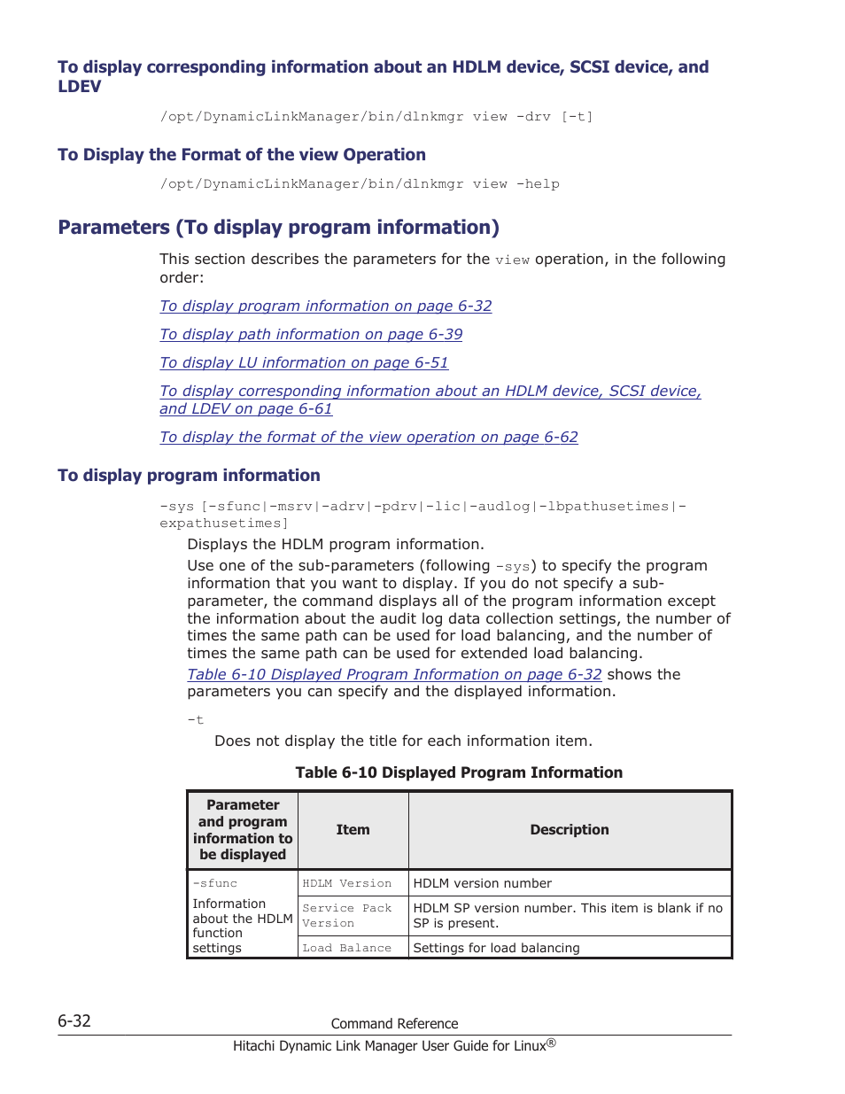 Parameters (to display program information), Ldev -32, To display the format of the view operation -32 | Parameters (to display program information) -32, To display program information -32, Parameters, Only one case-sensitive | HP Hitachi Dynamic Link Manager Software User Manual | Page 426 / 712