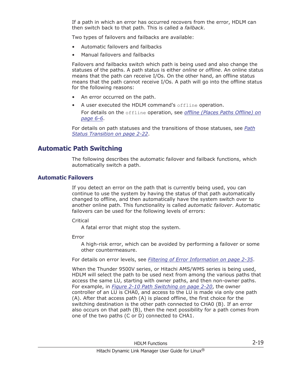 Automatic path switching, Automatic path switching -19, Automatic failovers -19 | HP Hitachi Dynamic Link Manager Software User Manual | Page 43 / 712