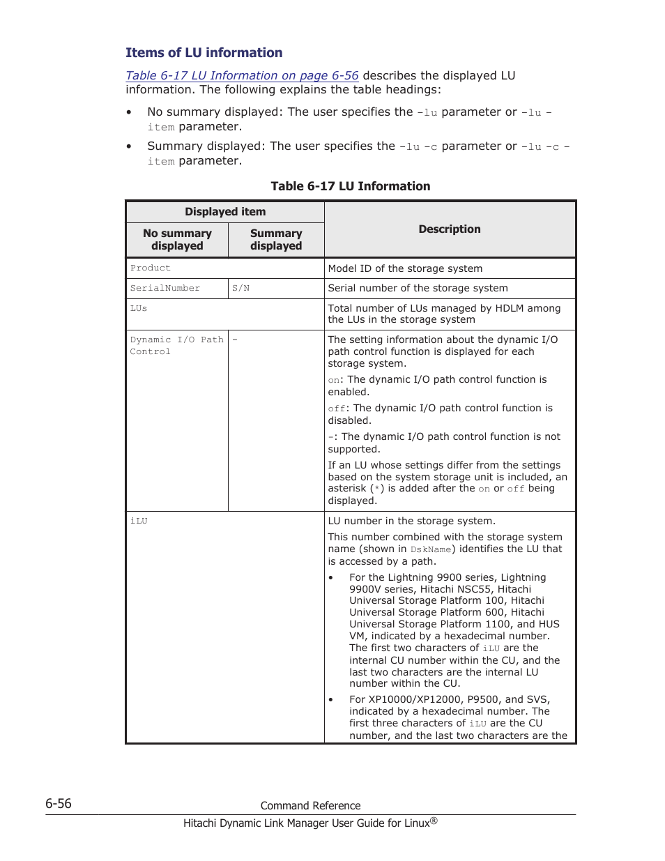 The content of each displayed item, see, Table 6-17 lu information on, The sub-parameters are | Table 6-17 lu, Items of lu information | HP Hitachi Dynamic Link Manager Software User Manual | Page 450 / 712