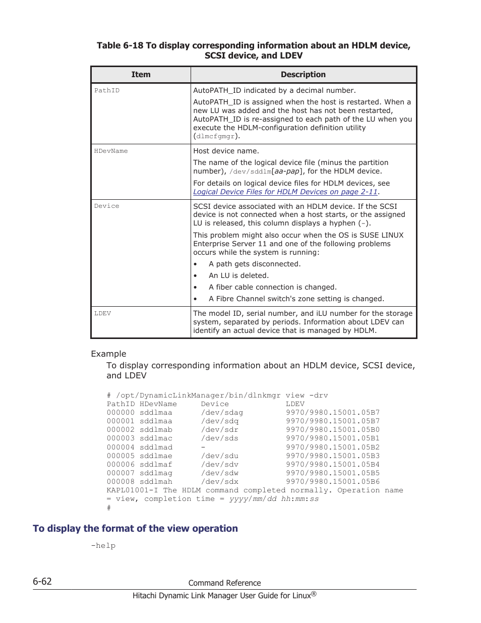 To display the format of the view operation -62, Table 6-18 to display | HP Hitachi Dynamic Link Manager Software User Manual | Page 456 / 712