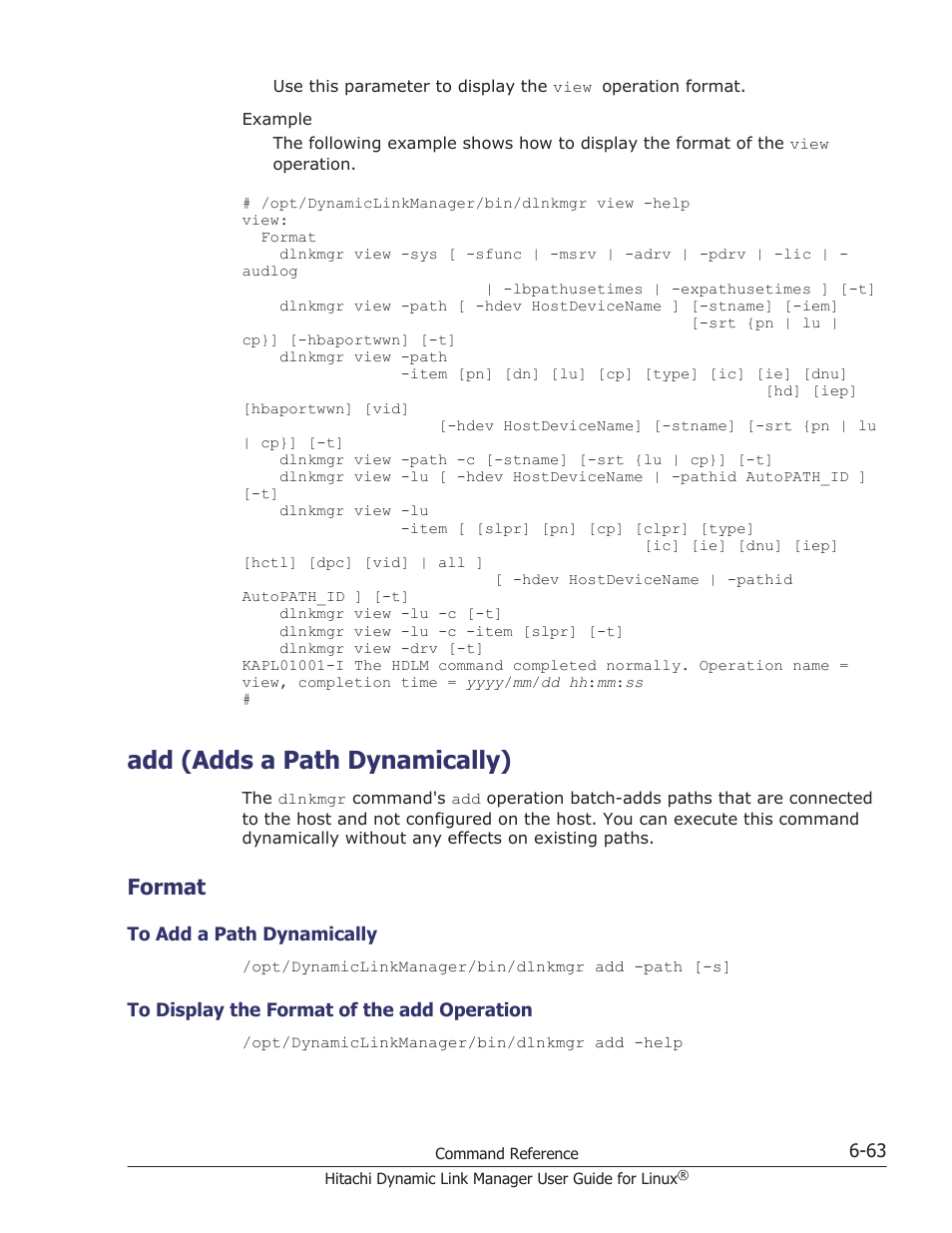 Add (adds a path dynamically), Format, Add (adds a path dynamically) -63 | Format -63, To add a path dynamically -63, To display the format of the add operation -63 | HP Hitachi Dynamic Link Manager Software User Manual | Page 457 / 712