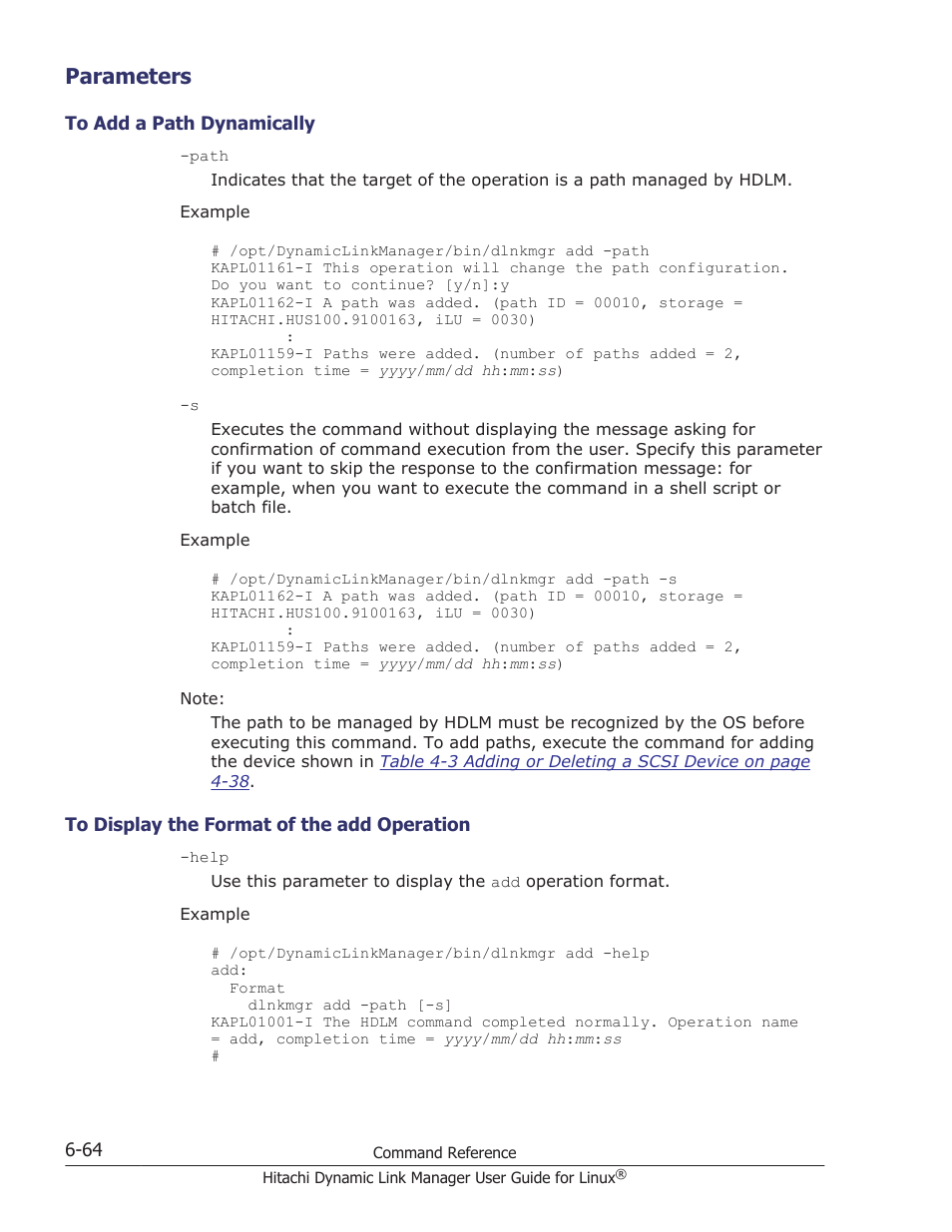 Parameters, Parameters -64, To add a path dynamically -64 | To display the format of the add operation -64 | HP Hitachi Dynamic Link Manager Software User Manual | Page 458 / 712