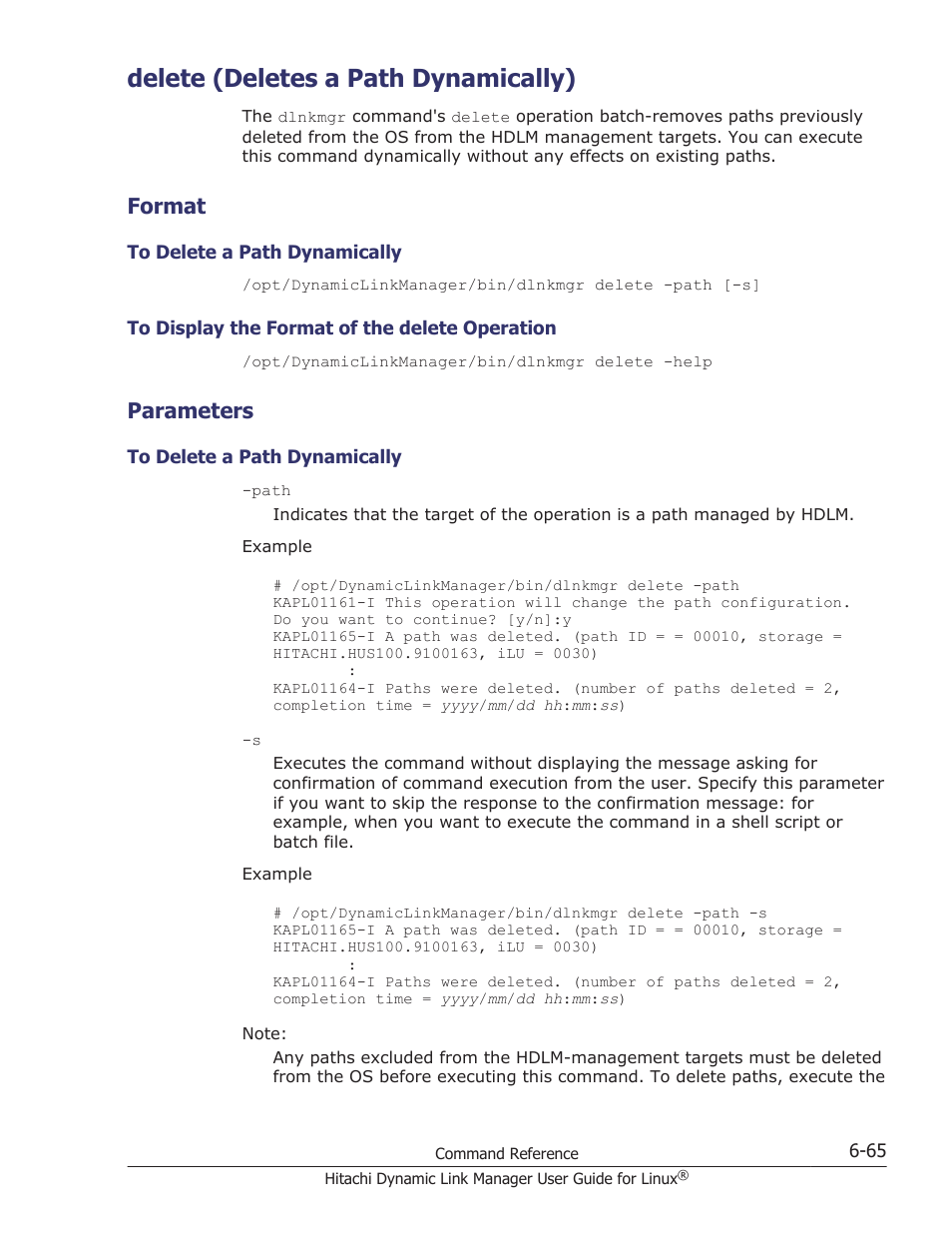 Delete (deletes a path dynamically), Format, Parameters | Delete (deletes a path dynamically) -65, Format -65, To delete a path dynamically -65, To display the format of the delete operation -65, Parameters -65 | HP Hitachi Dynamic Link Manager Software User Manual | Page 459 / 712