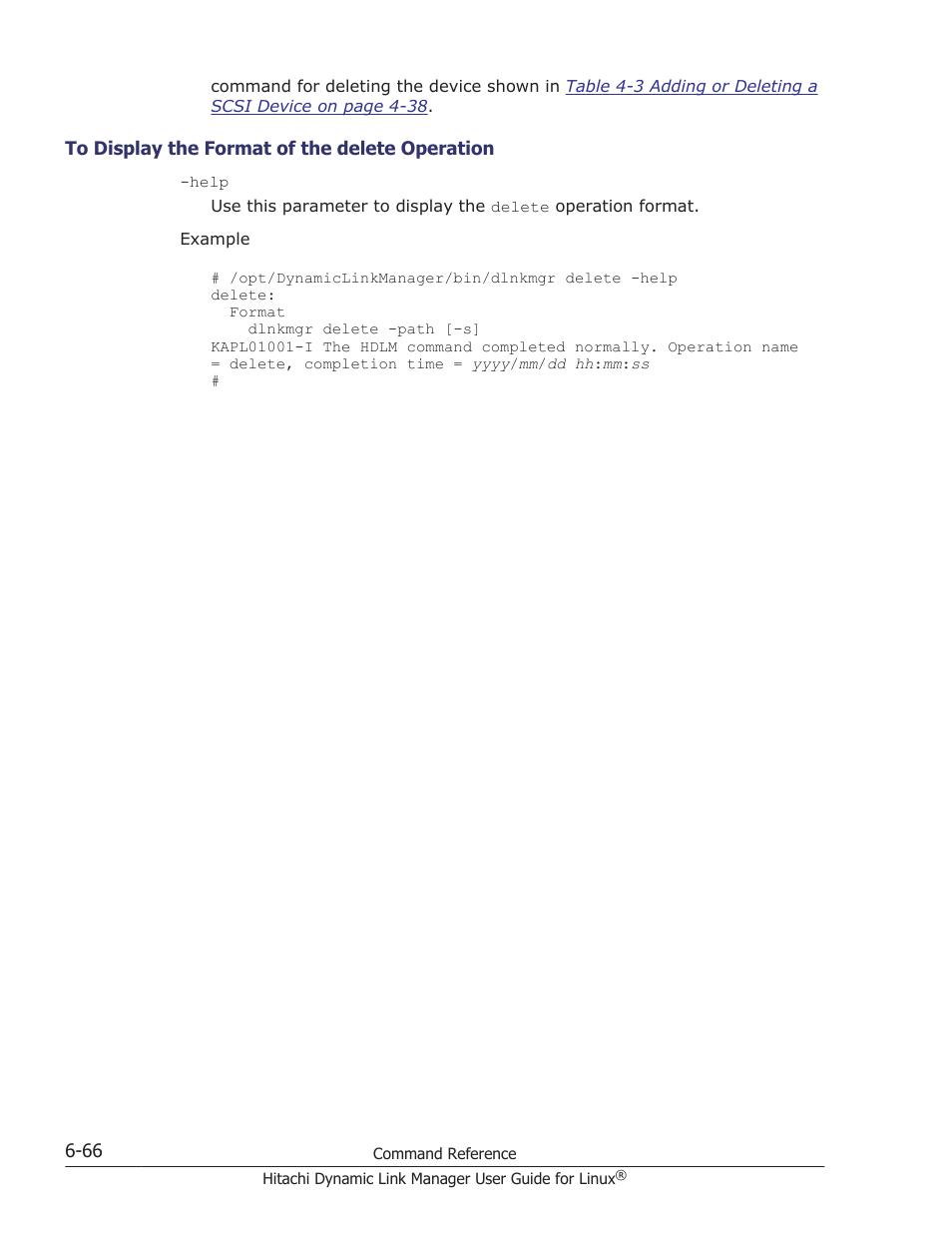 To display the format of the delete operation -66 | HP Hitachi Dynamic Link Manager Software User Manual | Page 460 / 712