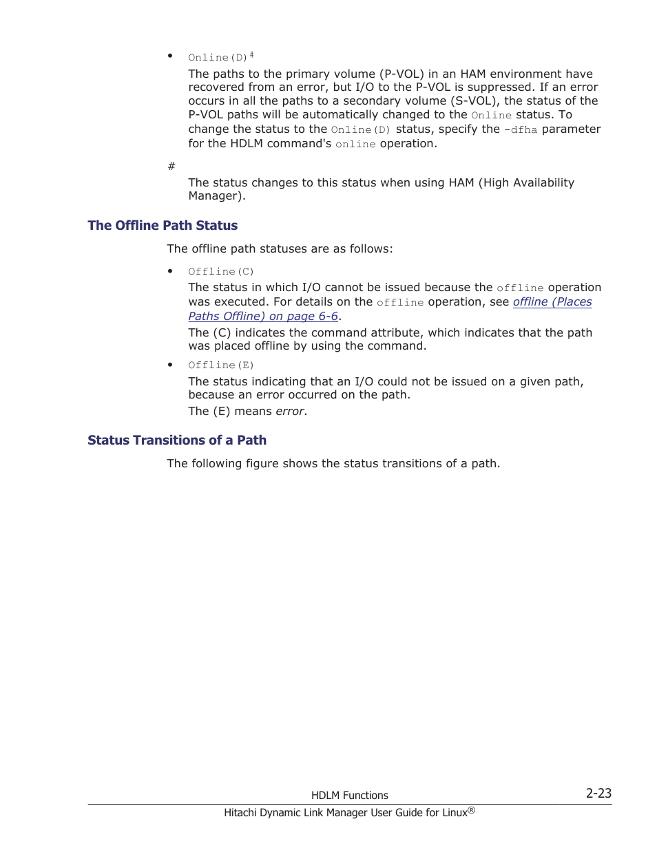 The offline path status -23, Status transitions of a path -23 | HP Hitachi Dynamic Link Manager Software User Manual | Page 47 / 712