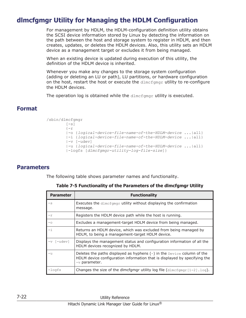 Format, Parameters, Format -22 | Parameters -22, Dlmcfgmgr utility, Utility, see, Dlmcfgmgr utility for managing the | HP Hitachi Dynamic Link Manager Software User Manual | Page 482 / 712