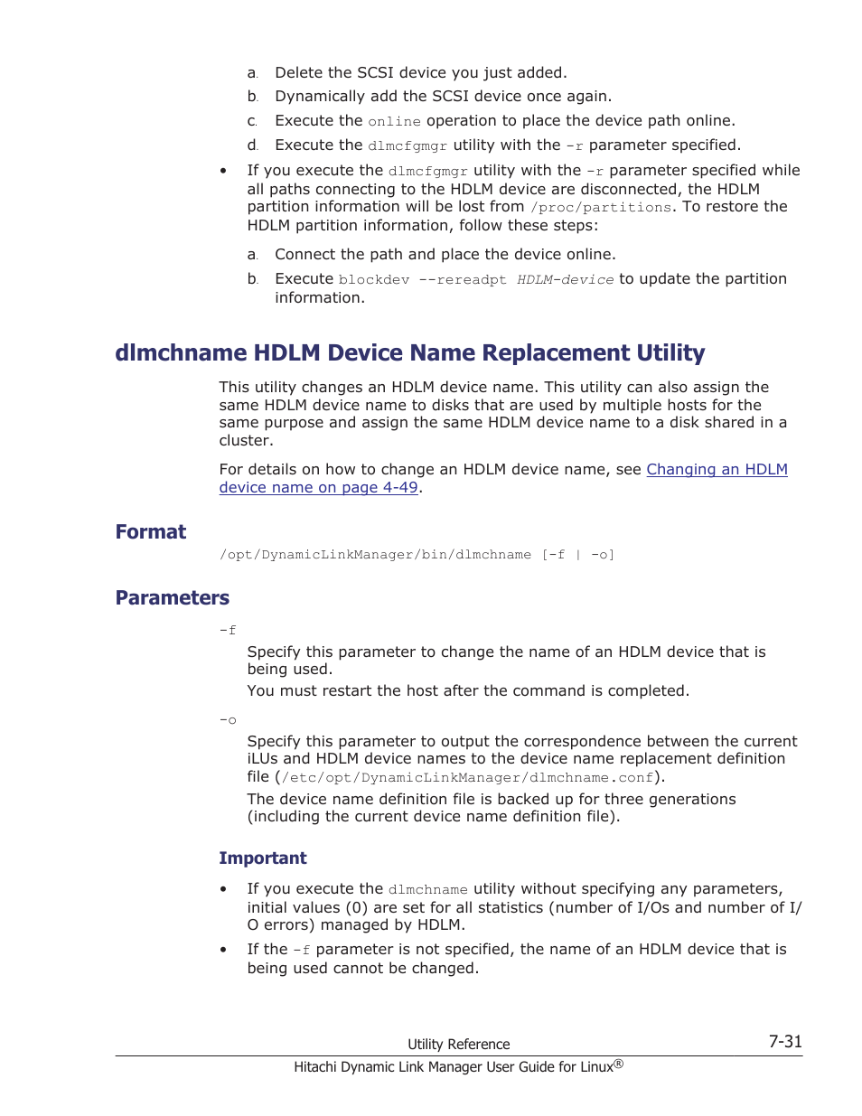 Dlmchname hdlm device name replacement utility, Format, Parameters | Dlmchname hdlm device name replacement utility -31, Format -31, Parameters -31, Dlmchname | HP Hitachi Dynamic Link Manager Software User Manual | Page 491 / 712