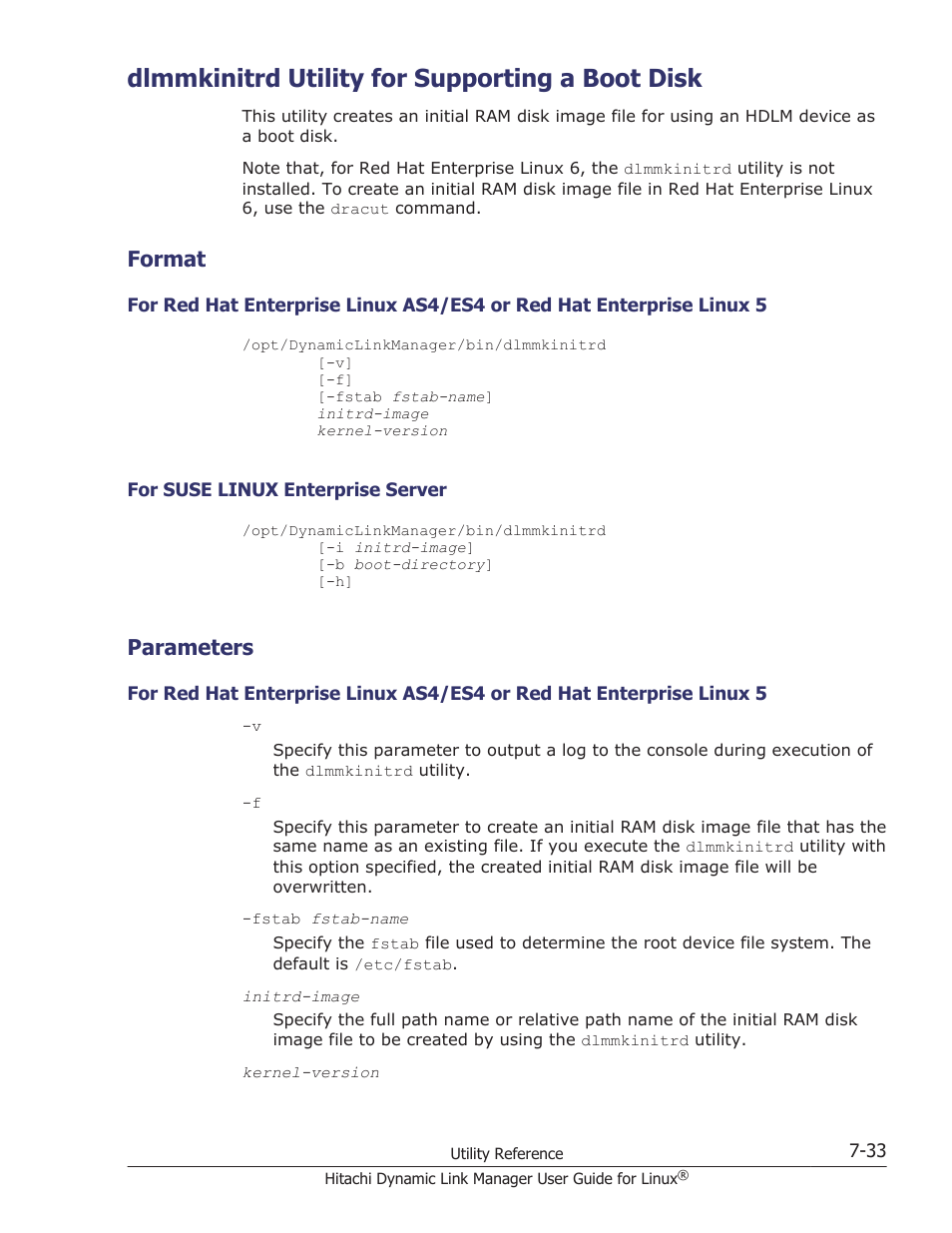 Dlmmkinitrd utility for supporting a boot disk, Format, Parameters | Dlmmkinitrd utility for supporting a boot disk -33, Format -33, For suse linux enterprise server -33, Parameters -33, Utility, see, Dlmmkinitrd | HP Hitachi Dynamic Link Manager Software User Manual | Page 493 / 712