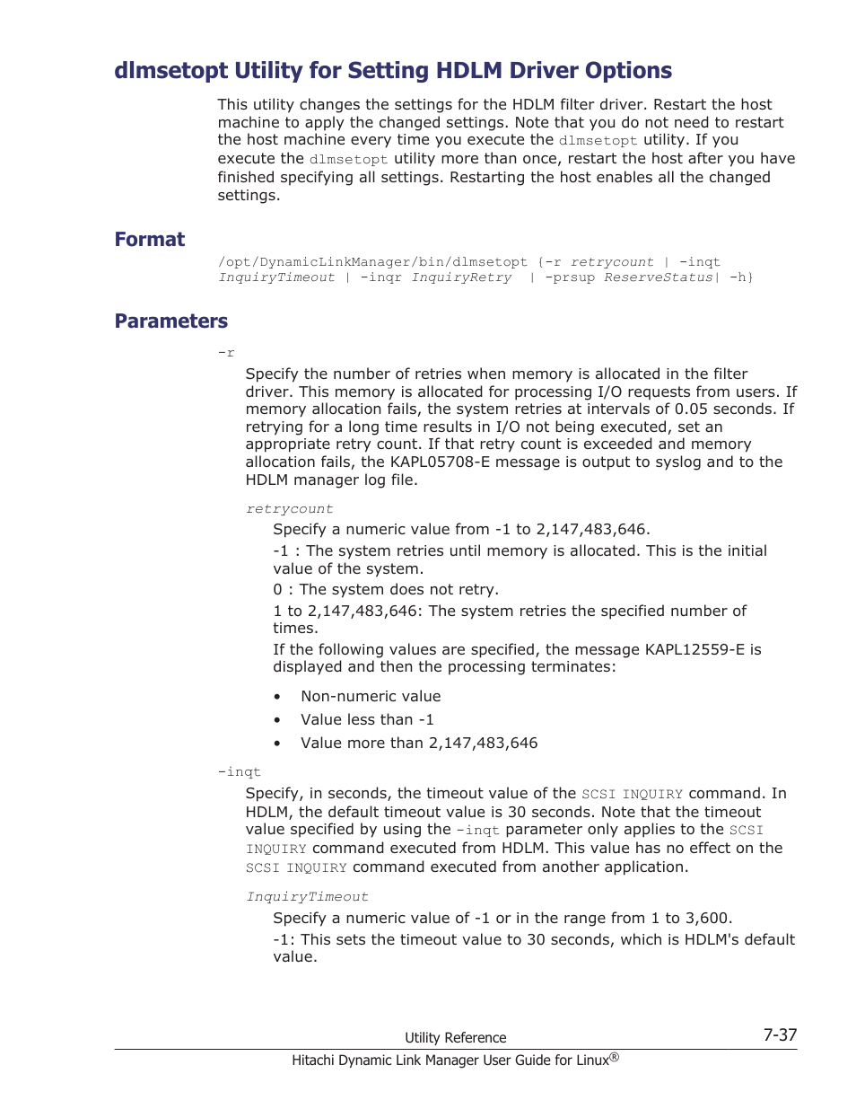 Dlmsetopt utility for setting hdlm driver options, Format, Parameters | Format -37, Parameters -37, Dlmsetopt utility for setting hdlm driver, For details on this utility, see, Utility, see | HP Hitachi Dynamic Link Manager Software User Manual | Page 497 / 712