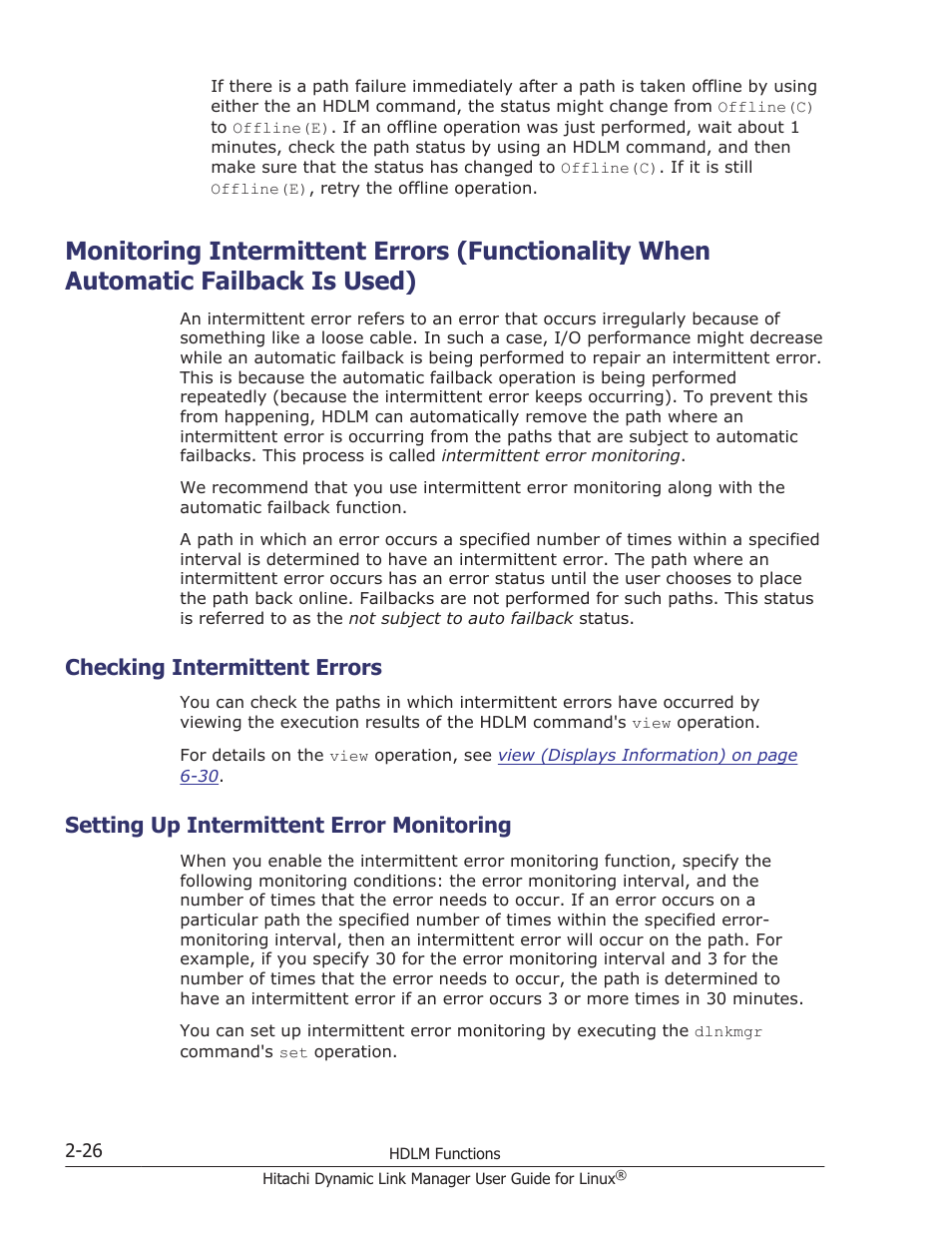 Checking intermittent errors, Setting up intermittent error monitoring, Checking intermittent errors -26 | Setting up intermittent error monitoring -26 | HP Hitachi Dynamic Link Manager Software User Manual | Page 50 / 712