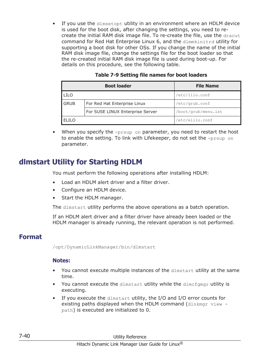 Dlmstart utility for starting hdlm, Format, Dlmstart utility for starting hdlm -40 | Format -40 | HP Hitachi Dynamic Link Manager Software User Manual | Page 500 / 712