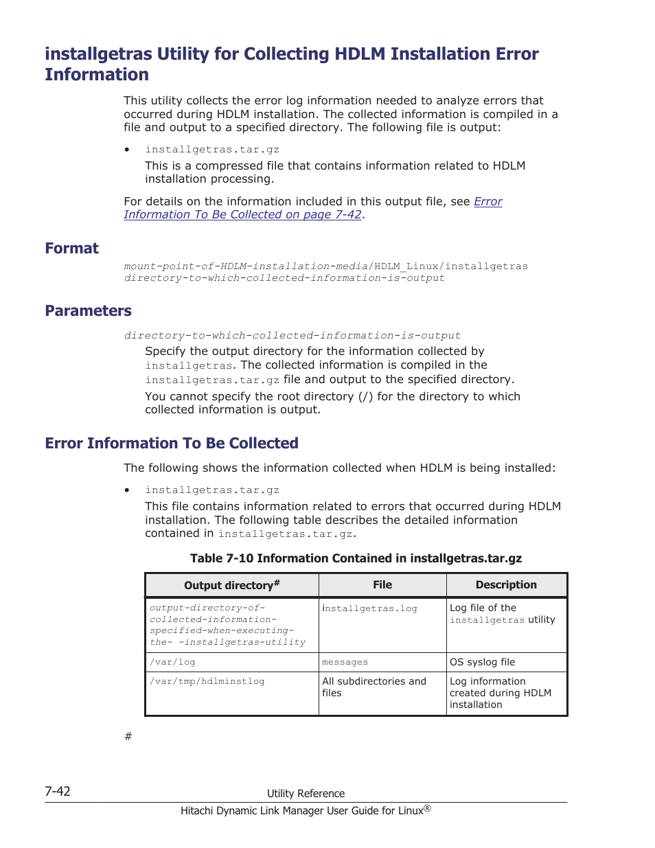 Format, Parameters, Error information to be collected | Format -42, Parameters -42, Error information to be collected -42, Installgetras utility for collecting, Installgetras | HP Hitachi Dynamic Link Manager Software User Manual | Page 502 / 712