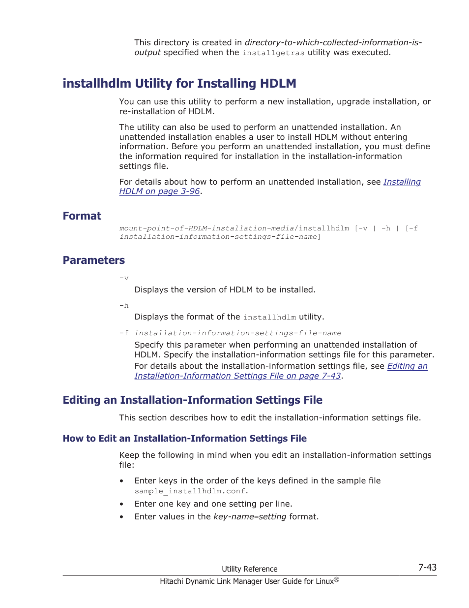 Installhdlm utility for installing hdlm, Format, Parameters | Editing an installation-information settings file, Installhdlm utility for installing hdlm -43, Format -43, Parameters -43, Editing an installation-information, For details about | HP Hitachi Dynamic Link Manager Software User Manual | Page 503 / 712