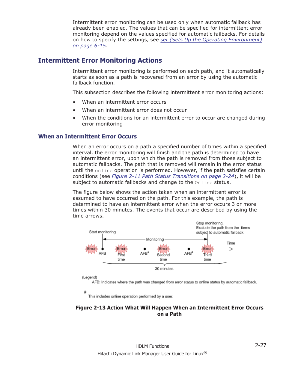 Intermittent error monitoring actions, Intermittent error monitoring actions -27, When an intermittent error occurs -27 | HP Hitachi Dynamic Link Manager Software User Manual | Page 51 / 712