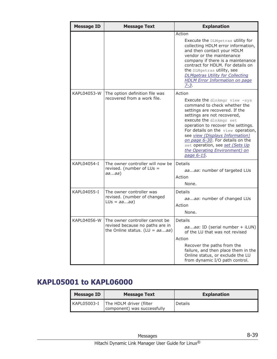 Kapl05001 to kapl06000, Kapl05001 to kapl06000 -39 | HP Hitachi Dynamic Link Manager Software User Manual | Page 551 / 712