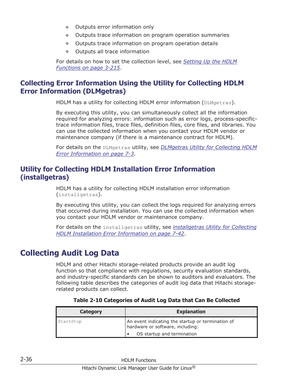 Collecting audit log data, Dlmgetras) -36, Collecting audit log data -36 | HP Hitachi Dynamic Link Manager Software User Manual | Page 60 / 712