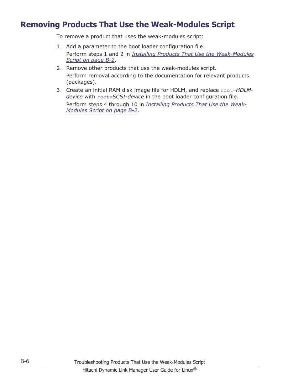 Removing products that use the weak-modules script, Removing, Removing products that use the weak-modules | HP Hitachi Dynamic Link Manager Software User Manual | Page 680 / 712