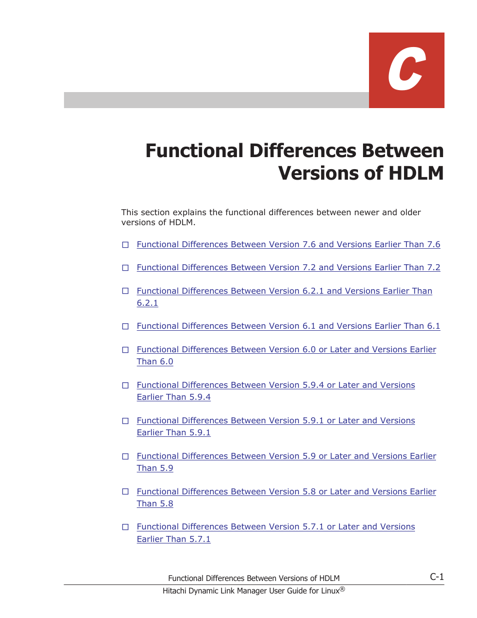 Functional differences between versions of hdlm, Appendix c, functional differences, Between versions of hdlm on | HP Hitachi Dynamic Link Manager Software User Manual | Page 681 / 712