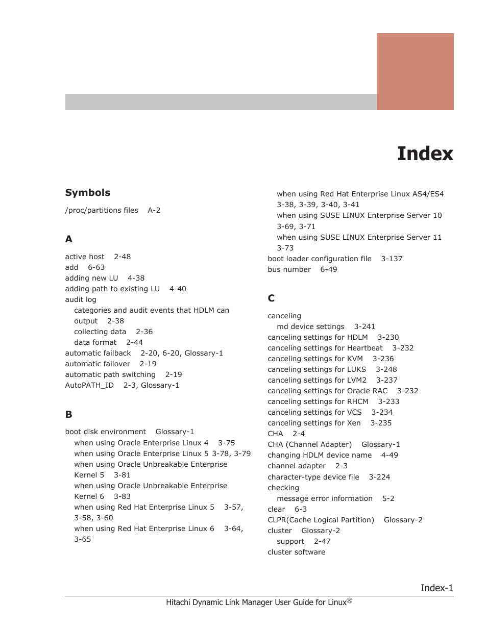 Index, Symbols, Index-1 | HP Hitachi Dynamic Link Manager Software User Manual | Page 703 / 712