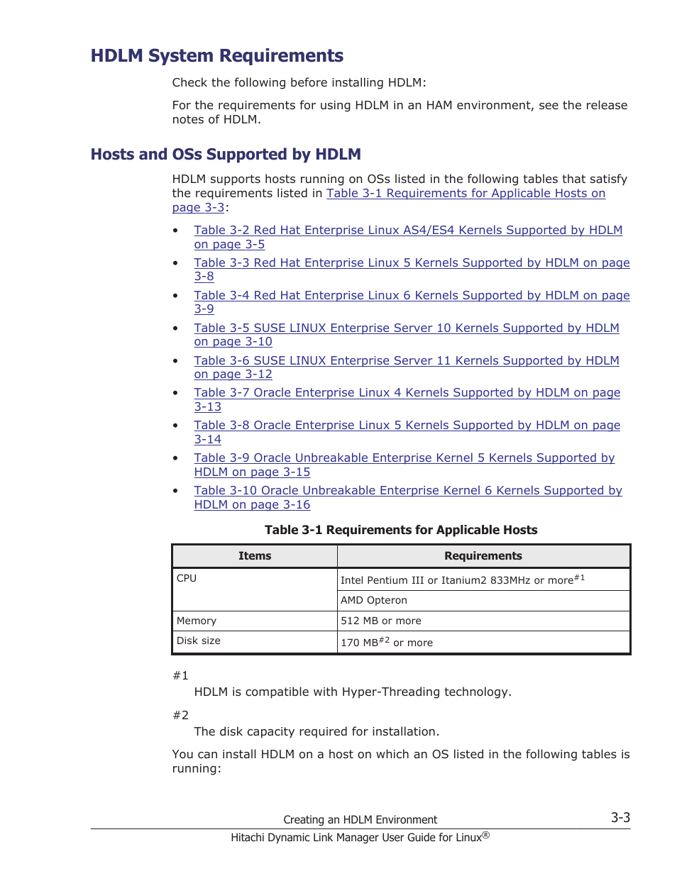 Hdlm system requirements, Hosts and oss supported by hdlm, Hdlm system requirements -3 | Hosts and oss supported by hdlm -3 | HP Hitachi Dynamic Link Manager Software User Manual | Page 75 / 712