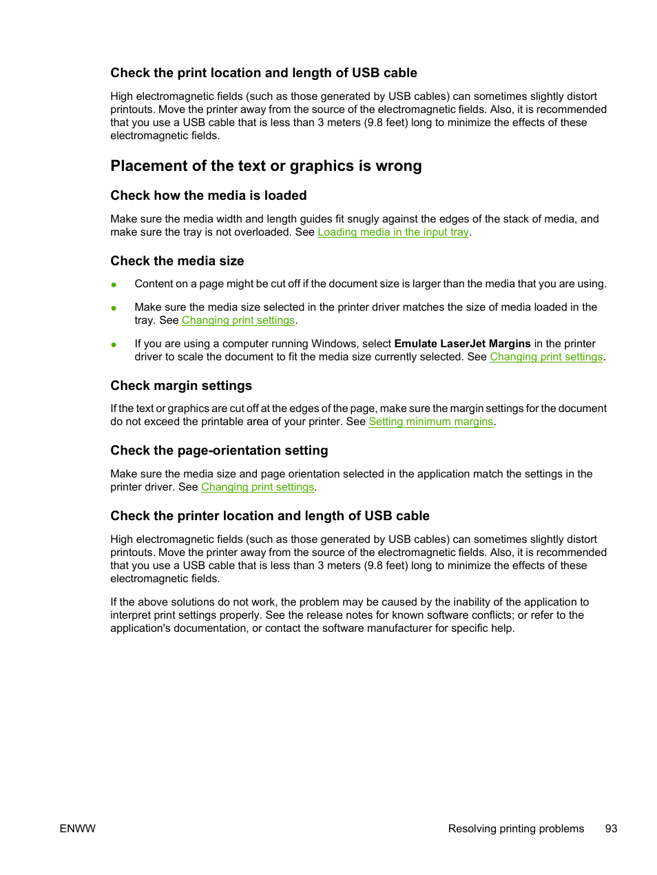 Check the print location and length of usb cable, Placement of the text or graphics is wrong, Check how the media is loaded | Check the media size, Check margin settings, Check the printer location and length of usb cable | HP Photosmart Pro B8353 Printer User Manual | Page 103 / 154