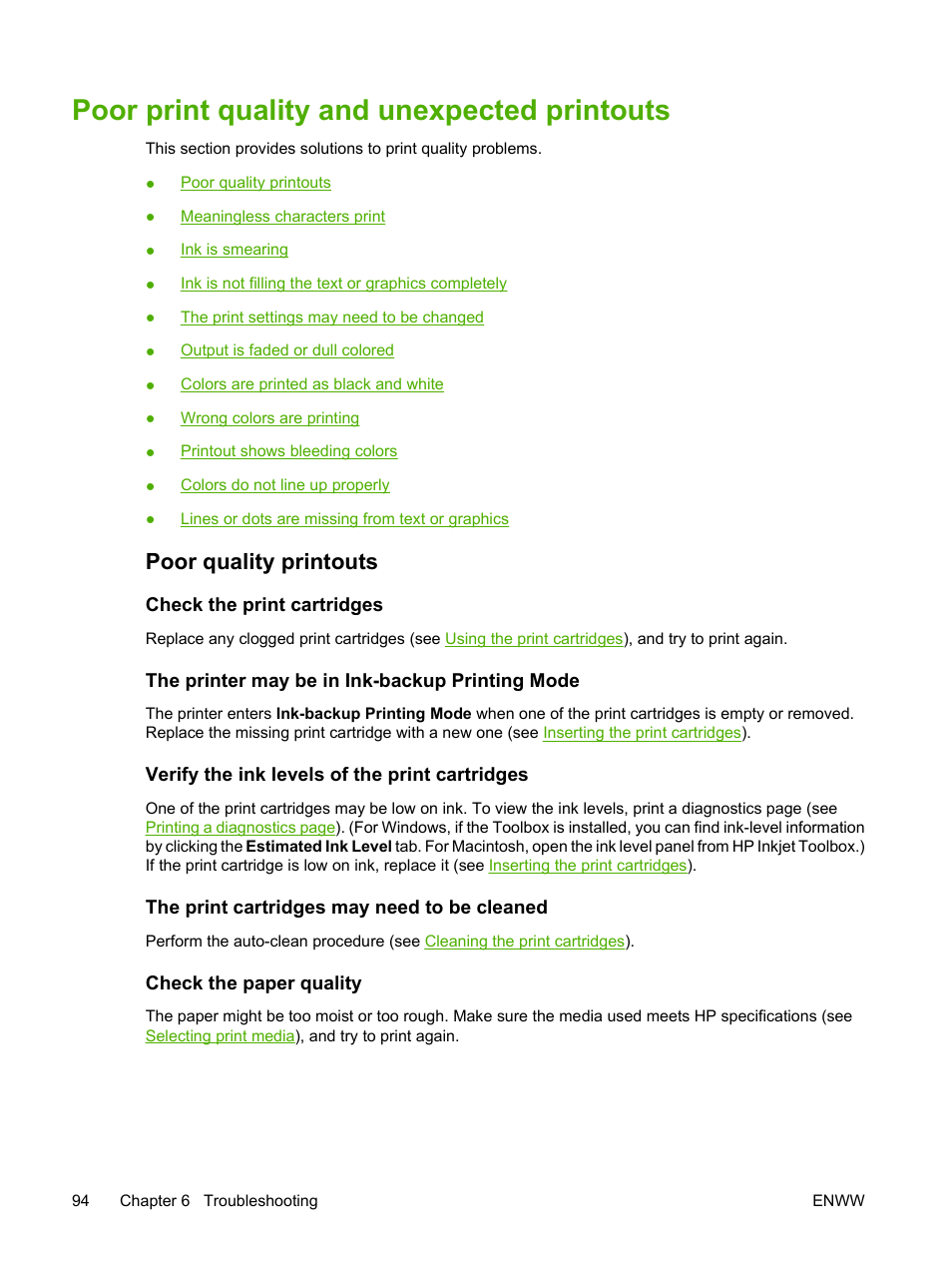 Poor print quality and unexpected printouts, Poor quality printouts, Check the print cartridges | The printer may be in ink-backup printing mode, Verify the ink levels of the print cartridges, The print cartridges may need to be cleaned, Check the paper quality | HP Photosmart Pro B8353 Printer User Manual | Page 104 / 154
