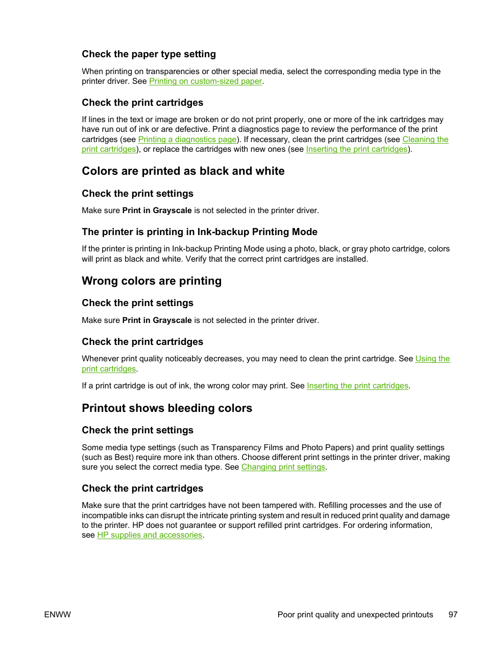 Check the paper type setting, Check the print cartridges, Colors are printed as black and white | Check the print settings, Wrong colors are printing, Printout shows bleeding colors | HP Photosmart Pro B8353 Printer User Manual | Page 107 / 154