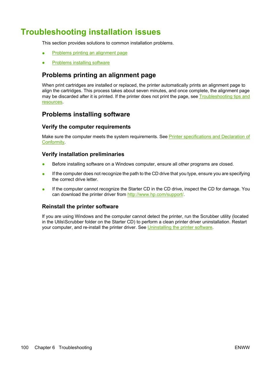 Troubleshooting installation issues, Problems installing software, Verify the computer requirements | Verify installation preliminaries, Reinstall the printer software, Problems printing an alignment page | HP Photosmart Pro B8353 Printer User Manual | Page 110 / 154