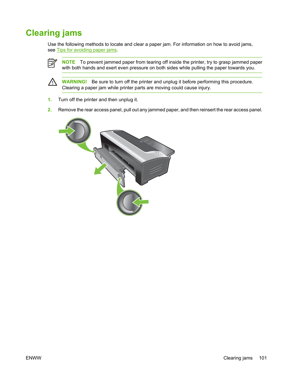 Clearing jams | HP Photosmart Pro B8353 Printer User Manual | Page 111 / 154