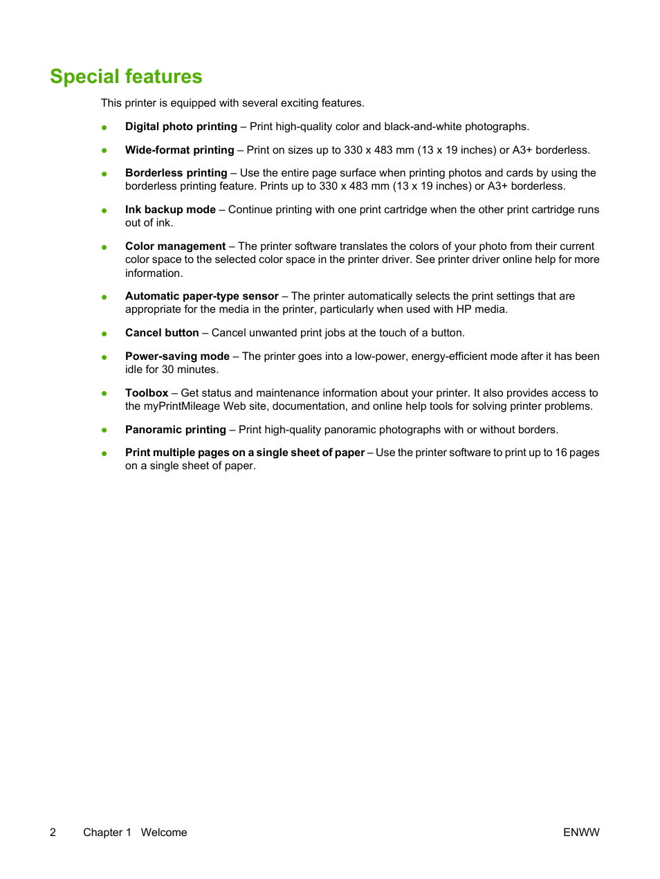 Special features | HP Photosmart Pro B8353 Printer User Manual | Page 12 / 154